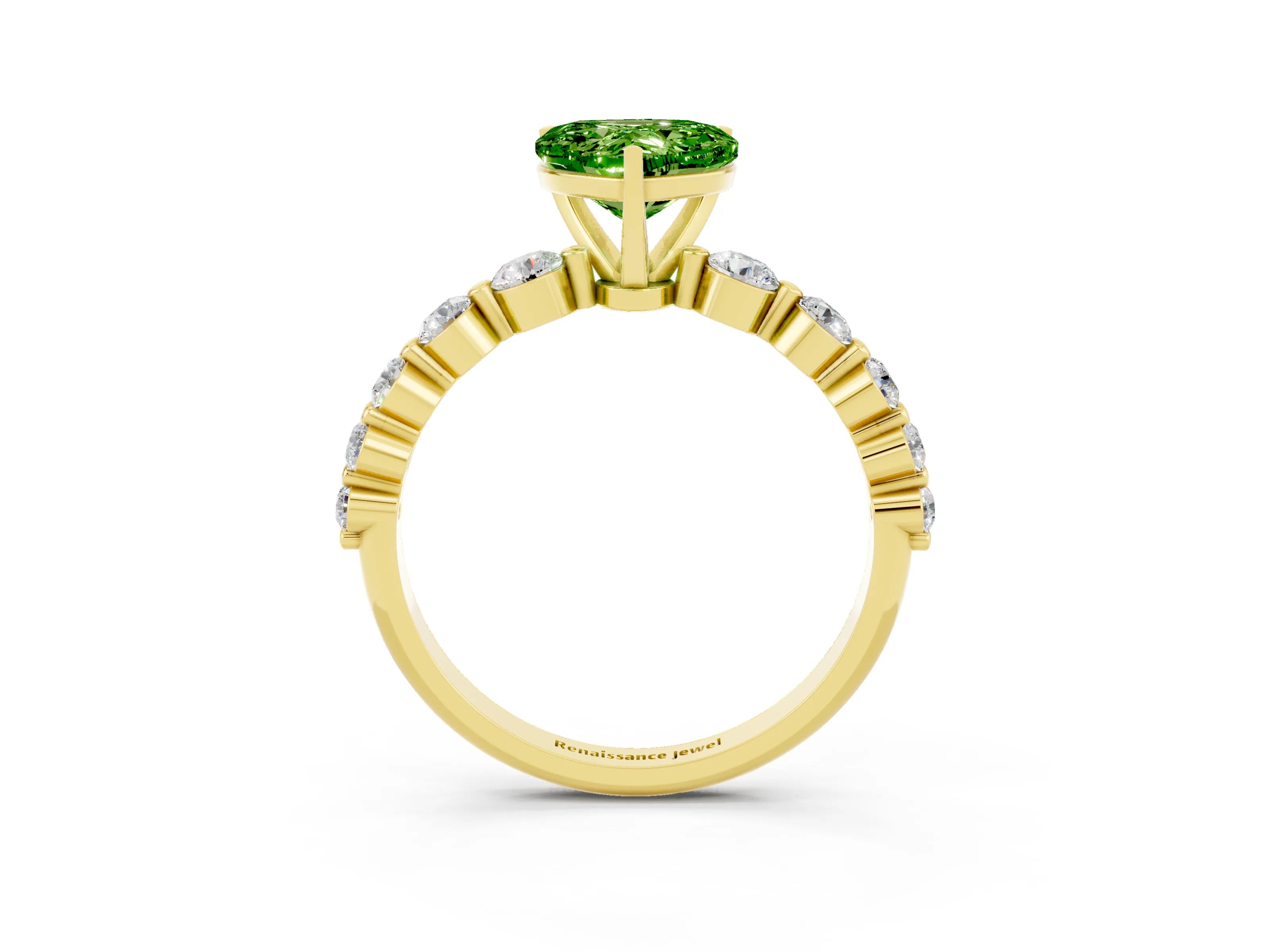 Yellow gold Heart Cut Solitaire Peridot Ring with Pave Band and Four-Prong Setting_3