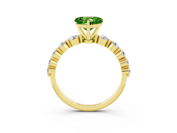 Yellow gold Heart Cut Solitaire Peridot Ring with Pave Band and Four-Prong Setting