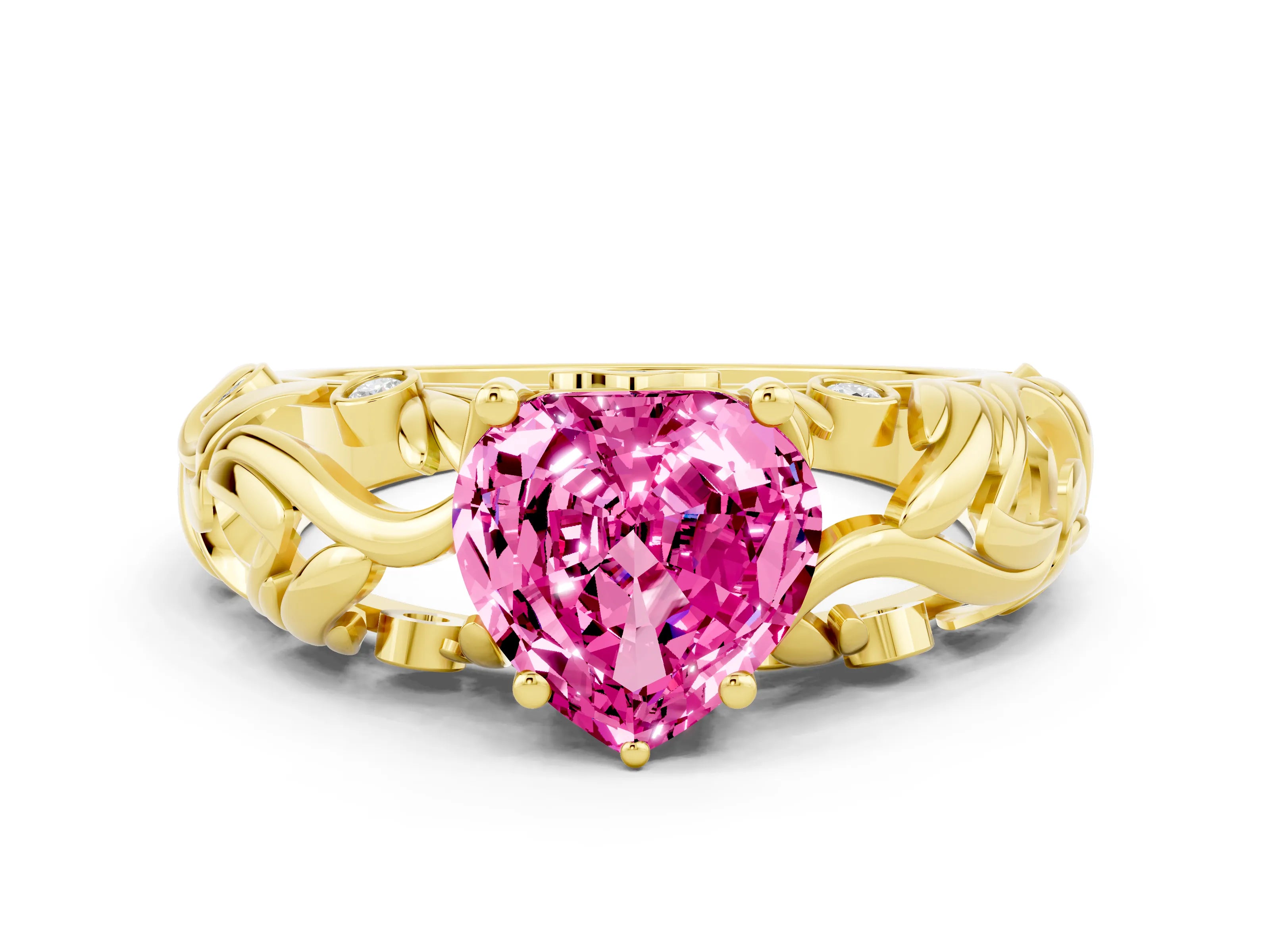 Yellow gold Heart Cut Solitaire Pink Sapphire Leaf-Inspired Vine Band Ring with Prong Setting_24