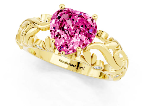 Yellow gold Heart Cut Solitaire Pink Sapphire Leaf-Inspired Vine Band Ring with Prong Setting_25