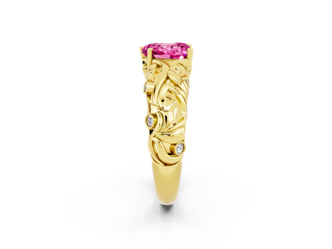 Yellow gold Heart Cut Solitaire Pink Sapphire Leaf-Inspired Vine Band Ring with Prong Setting_26