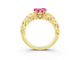 Yellow gold Heart Cut Solitaire Pink Sapphire Leaf-Inspired Vine Band Ring with Prong Setting_27