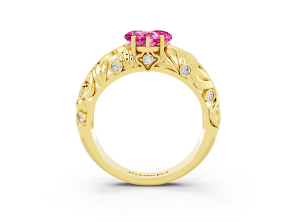 Yellow gold Heart Cut Solitaire Pink Sapphire Leaf-Inspired Vine Band Ring with Prong Setting