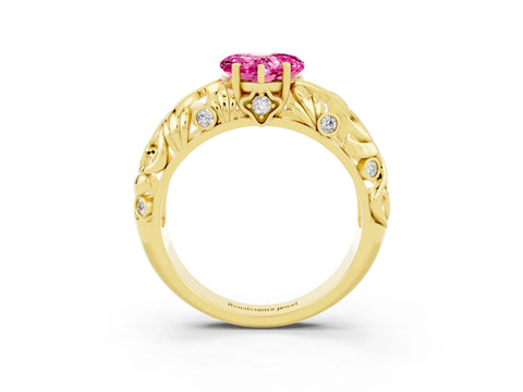 Yellow gold Heart Cut Solitaire Pink Sapphire Leaf-Inspired Vine Band Ring with Prong Setting_27