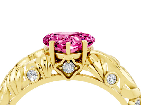 Yellow gold Heart Cut Solitaire Pink Sapphire Leaf-Inspired Vine Band Ring with Prong Setting_28