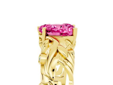 Yellow gold Heart Cut Solitaire Pink Sapphire Leaf-Inspired Vine Band Ring with Prong Setting_29