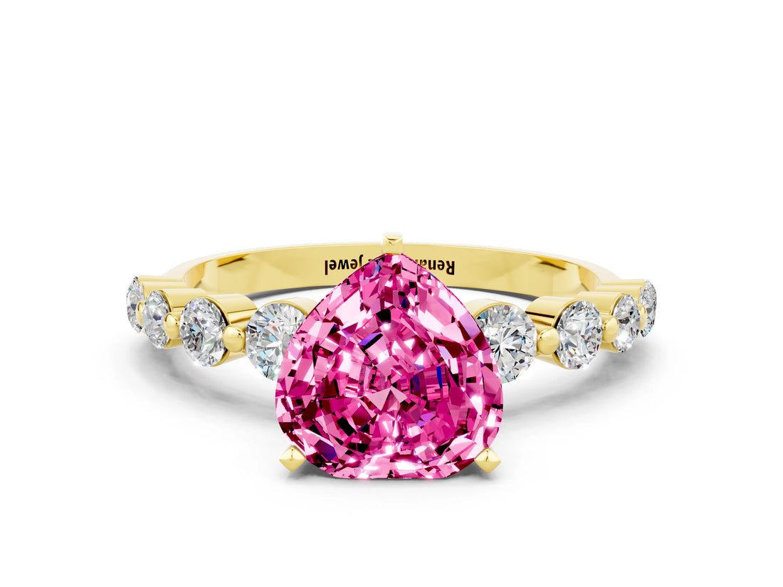 Yellow gold Heart Cut Solitaire Pink Sapphire Ring with Pave Band and Four-Prong Setting_24