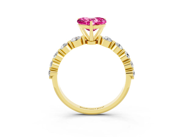 Yellow gold Heart Cut Solitaire Pink Sapphire Ring with Pave Band and Four-Prong Setting