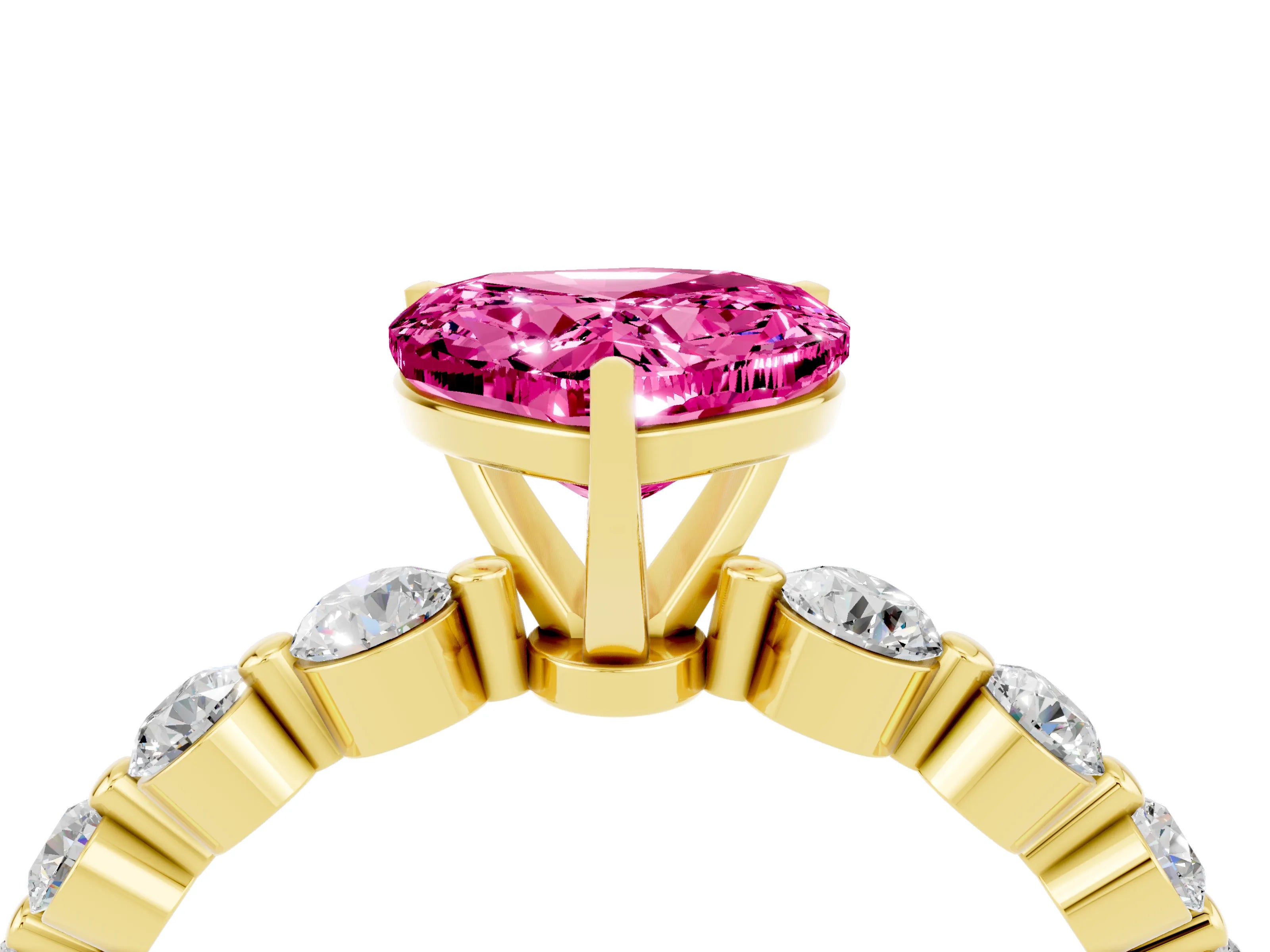 Yellow gold Heart Cut Solitaire Pink Sapphire Ring with Pave Band and Four-Prong Setting_28