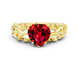 Yellow gold Heart Cut Solitaire Ruby Leaf-Inspired Vine Band Ring with Prong Setting