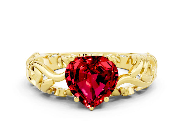 Yellow gold Heart Cut Solitaire Ruby Leaf-Inspired Vine Band Ring with Prong Setting