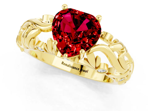 Yellow gold Heart Cut Solitaire Ruby Leaf-Inspired Vine Band Ring with Prong Setting_1