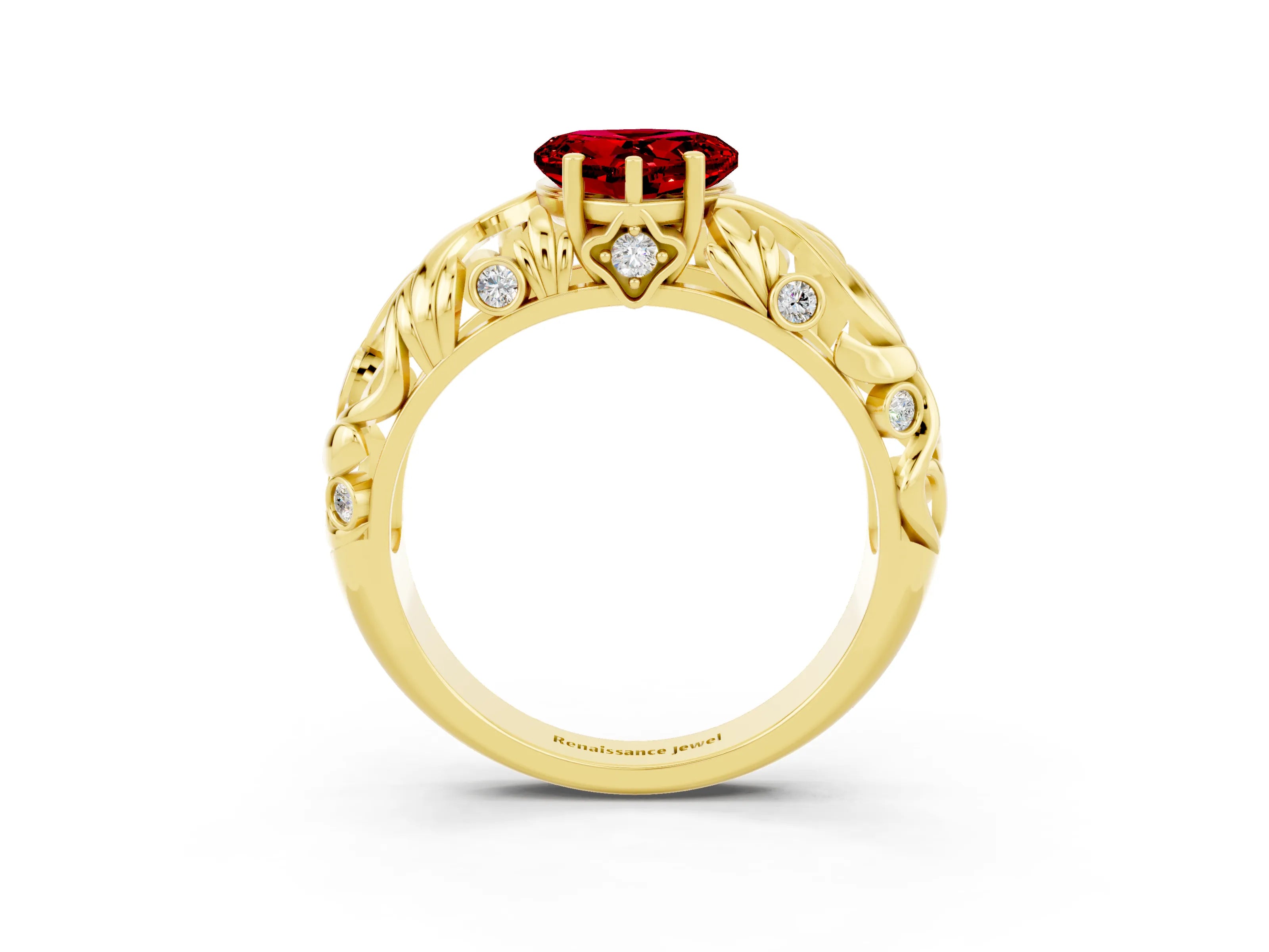 Yellow gold Heart Cut Solitaire Ruby Leaf-Inspired Vine Band Ring with Prong Setting_3