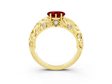 Yellow gold Heart Cut Solitaire Ruby Leaf-Inspired Vine Band Ring with Prong Setting_3