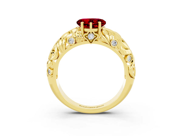 Yellow gold Heart Cut Solitaire Ruby Leaf-Inspired Vine Band Ring with Prong Setting