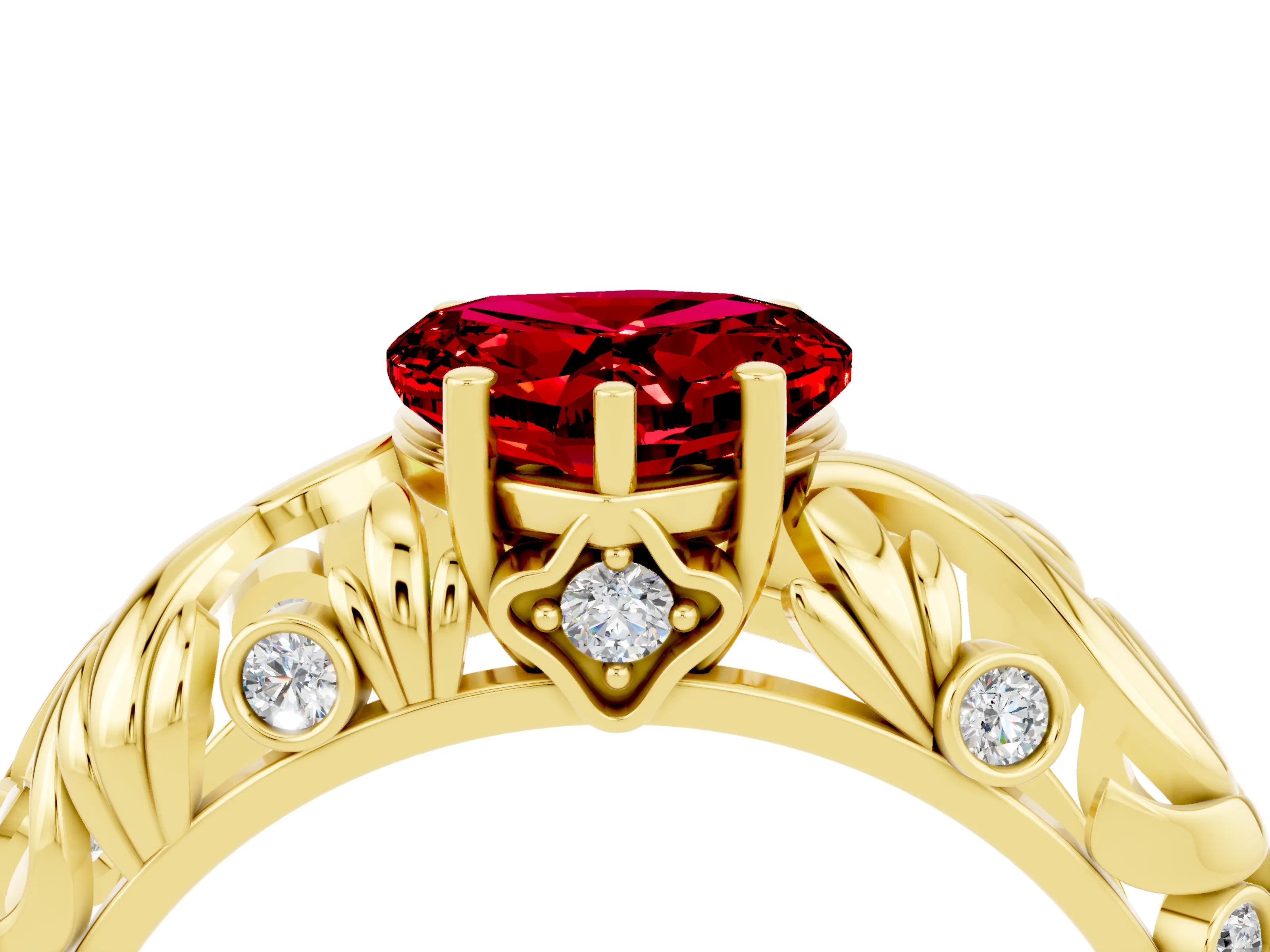 Yellow gold Heart Cut Solitaire Ruby Leaf-Inspired Vine Band Ring with Prong Setting_4