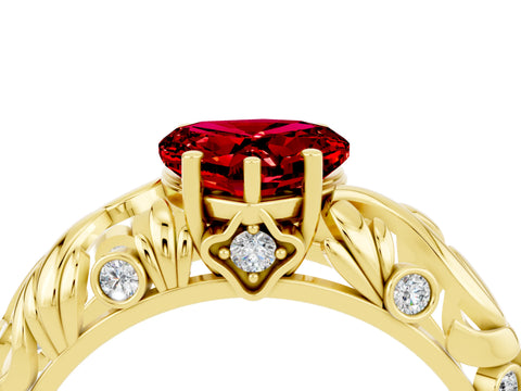 Yellow gold Heart Cut Solitaire Ruby Leaf-Inspired Vine Band Ring with Prong Setting_4