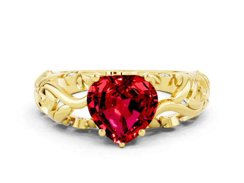 Yellow gold Heart Cut Solitaire Ruby Leaf-Inspired Vine Band Ring with Prong Setting