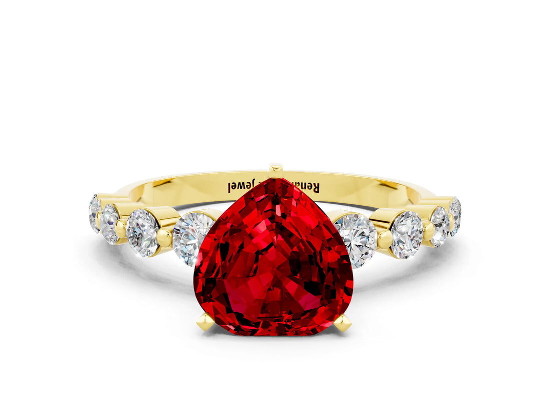 Yellow gold Heart Cut Solitaire Ruby Ring with Pave Band and Four-Prong Setting
