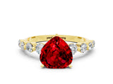 Yellow gold Heart Cut Solitaire Ruby Ring with Pave Band and Four-Prong Setting