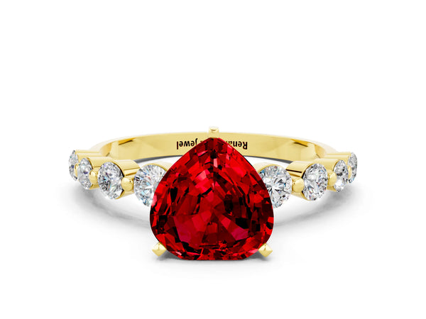Yellow gold Heart Cut Solitaire Ruby Ring with Pave Band and Four-Prong Setting