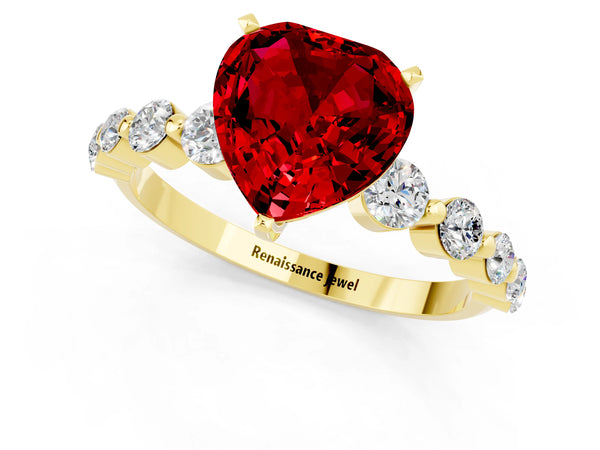 Yellow gold Heart Cut Solitaire Ruby Ring with Pave Band and Four-Prong Setting