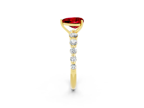 Yellow gold Heart Cut Solitaire Ruby Ring with Pave Band and Four-Prong Setting