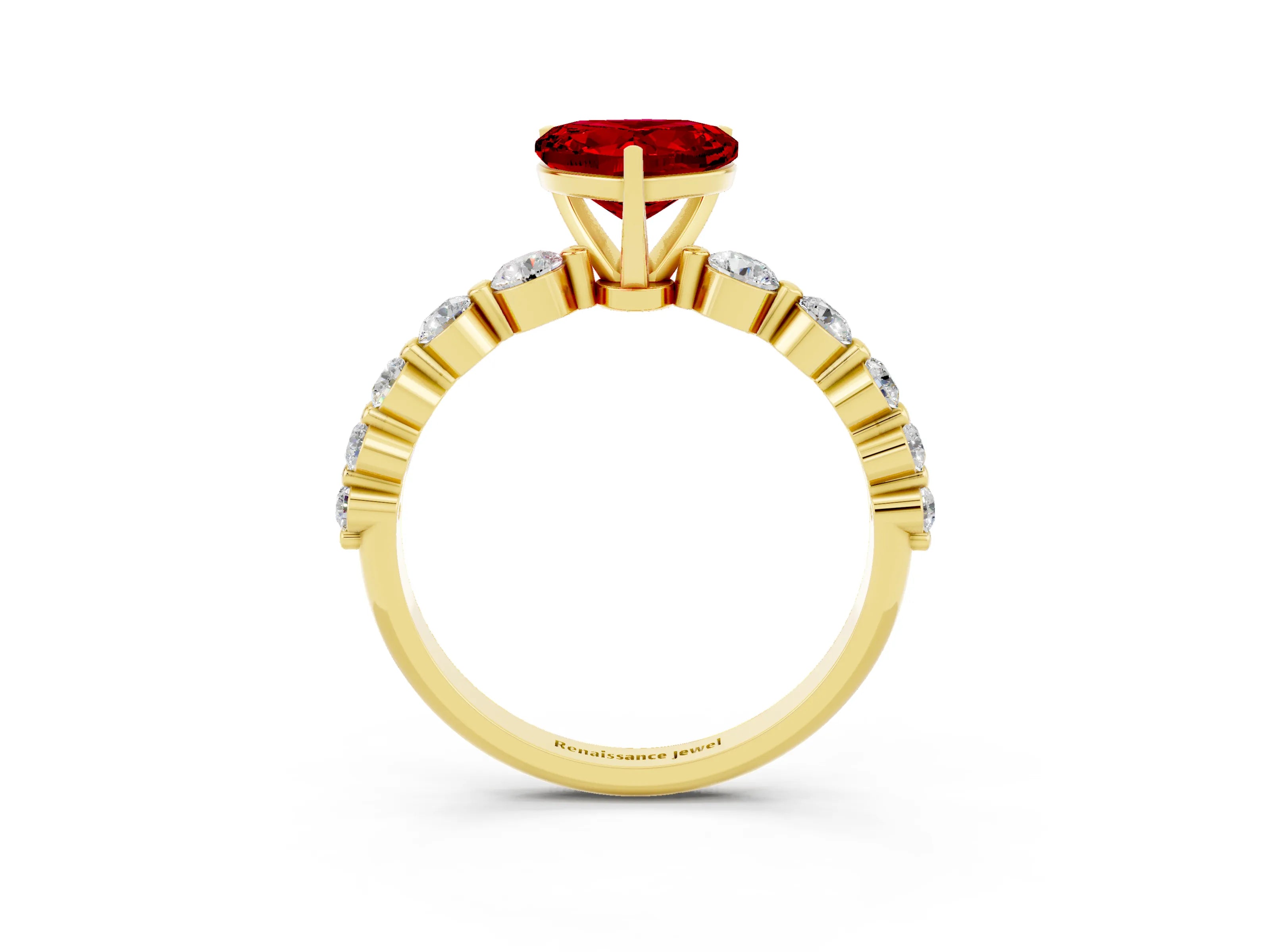 Yellow gold Heart Cut Solitaire Ruby Ring with Pave Band and Four-Prong Setting_3