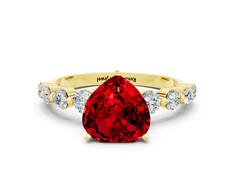 Yellow gold Heart Cut Solitaire Ruby Ring with Pave Band and Four-Prong Setting