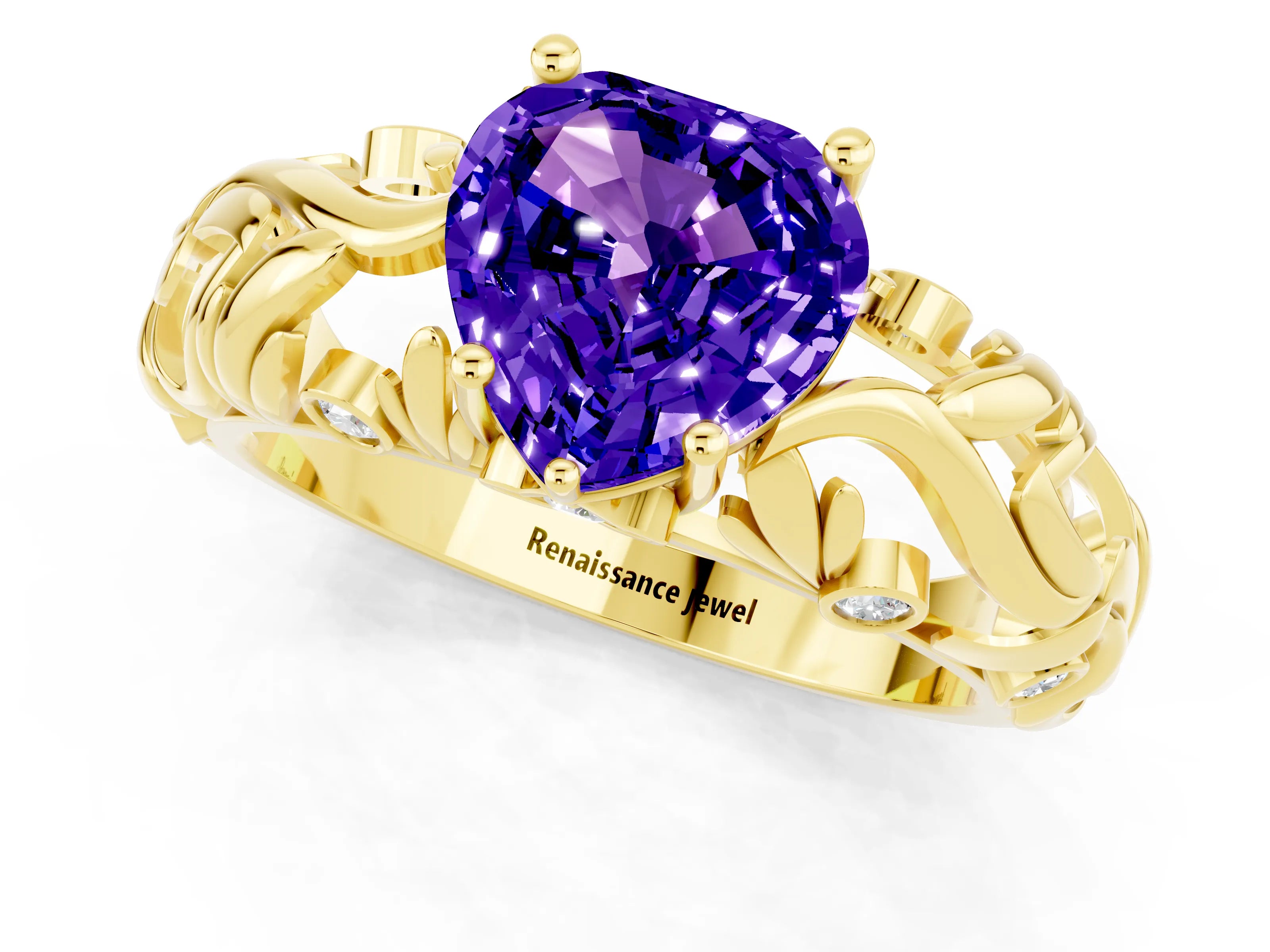 Yellow gold Heart Cut Solitaire Tanzanite Leaf-Inspired Vine Band Ring with Prong Setting_1
