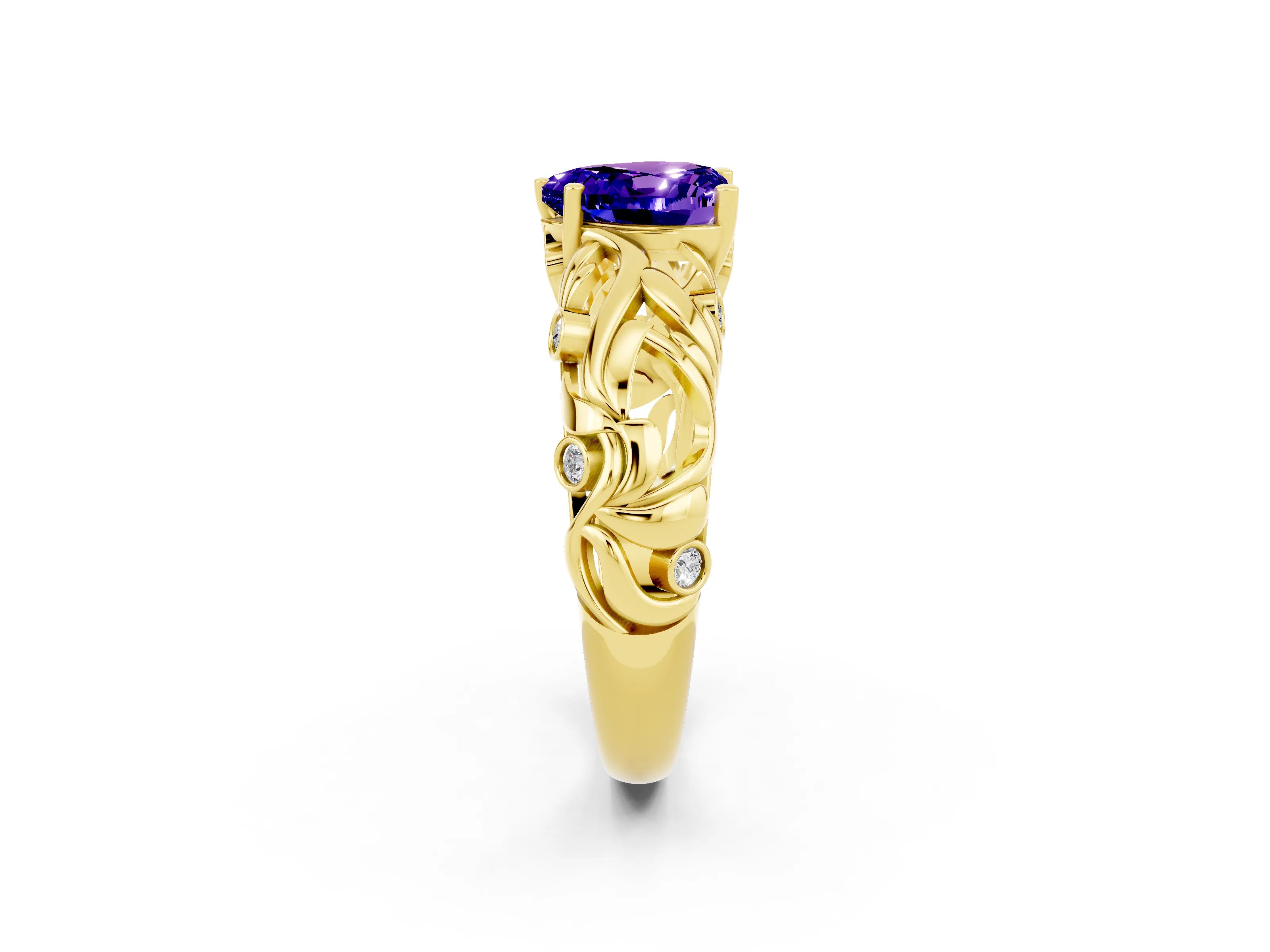 Yellow gold Heart Cut Solitaire Tanzanite Leaf-Inspired Vine Band Ring with Prong Setting_2