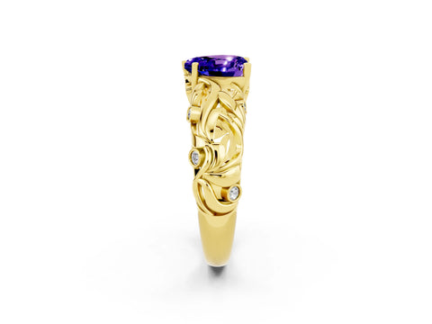 Yellow gold Heart Cut Solitaire Tanzanite Leaf-Inspired Vine Band Ring with Prong Setting_2