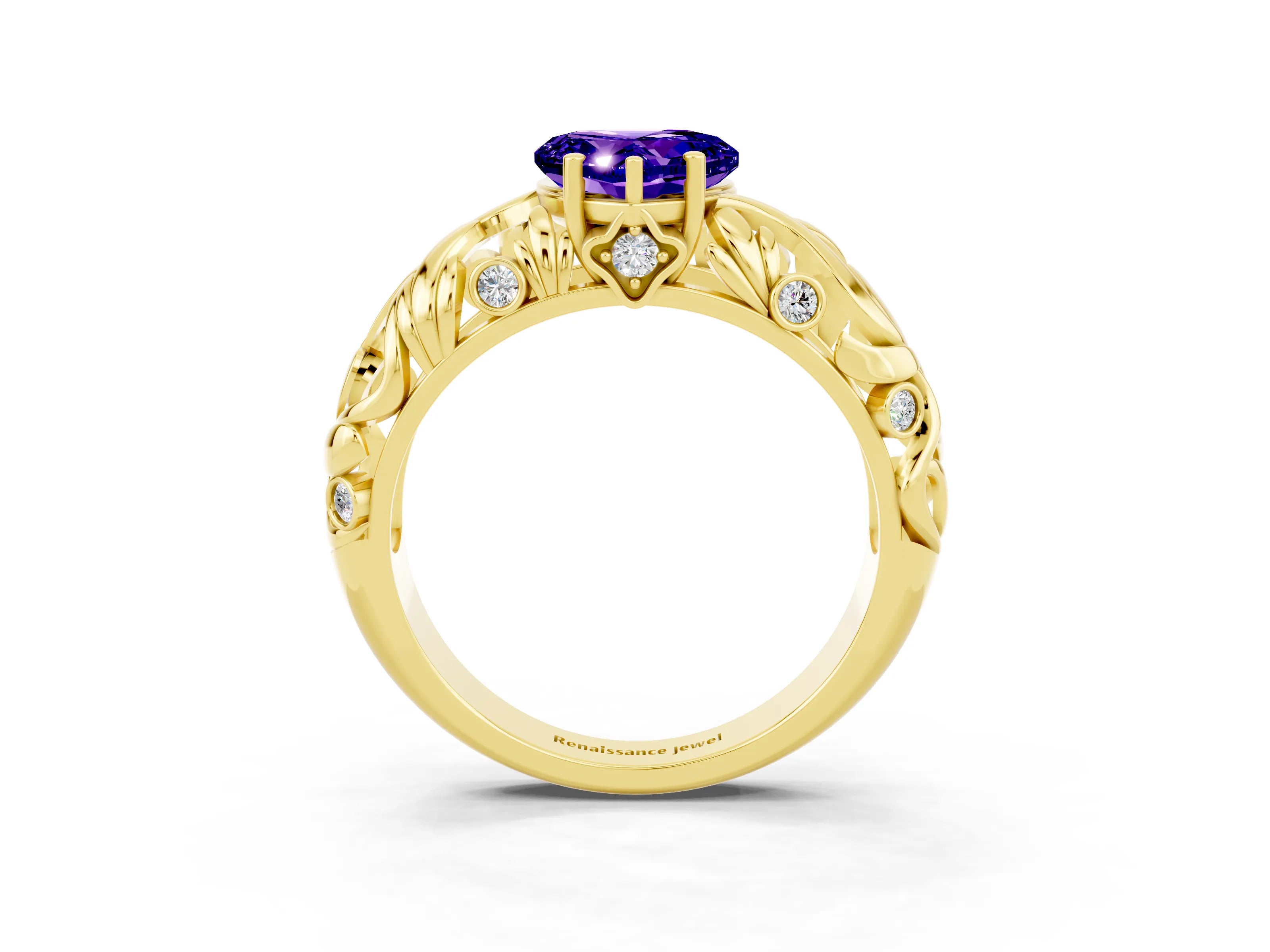 Yellow gold Heart Cut Solitaire Tanzanite Leaf-Inspired Vine Band Ring with Prong Setting_3