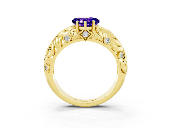 Yellow gold Heart Cut Solitaire Tanzanite Leaf-Inspired Vine Band Ring with Prong Setting