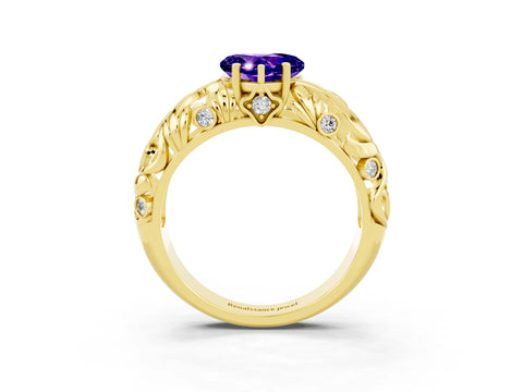 Yellow gold Heart Cut Solitaire Tanzanite Leaf-Inspired Vine Band Ring with Prong Setting_3
