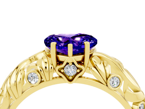 Yellow gold Heart Cut Solitaire Tanzanite Leaf-Inspired Vine Band Ring with Prong Setting_4