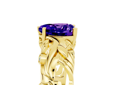 Yellow gold Heart Cut Solitaire Tanzanite Leaf-Inspired Vine Band Ring with Prong Setting_5