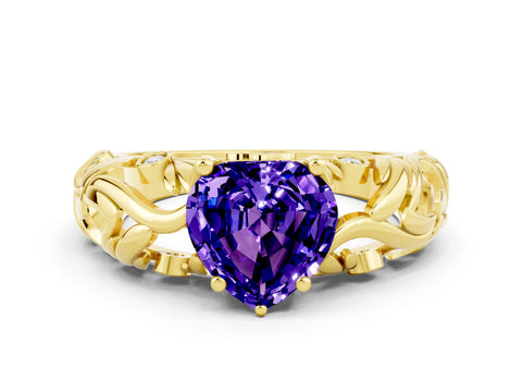 Yellow gold Heart Cut Solitaire Tanzanite Leaf-Inspired Vine Band Ring with Prong Setting