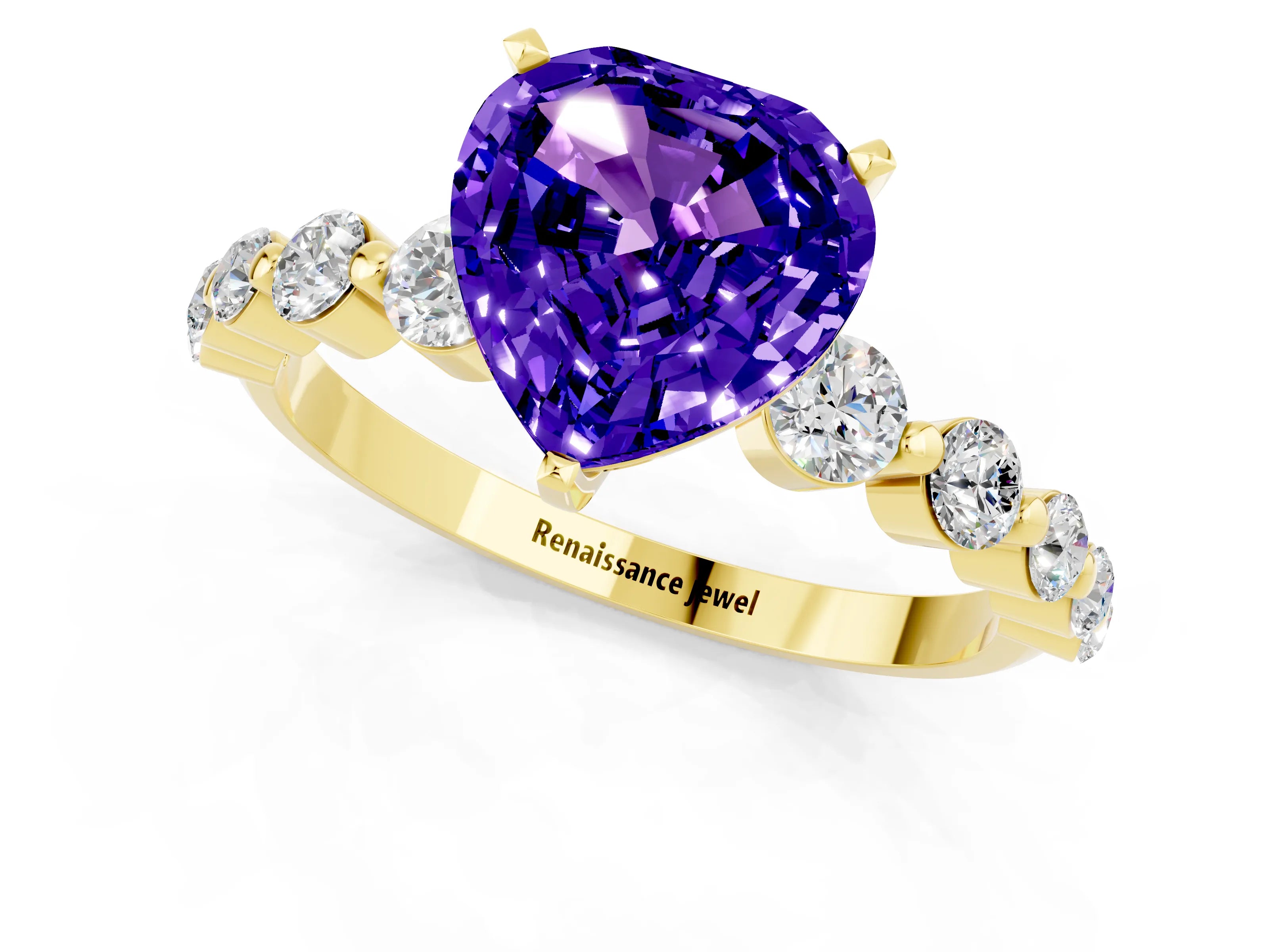 Yellow gold Heart Cut Solitaire Tanzanite Ring with Pave Band and Four-Prong Setting_1