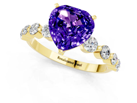 Yellow gold Heart Cut Solitaire Tanzanite Ring with Pave Band and Four-Prong Setting_1