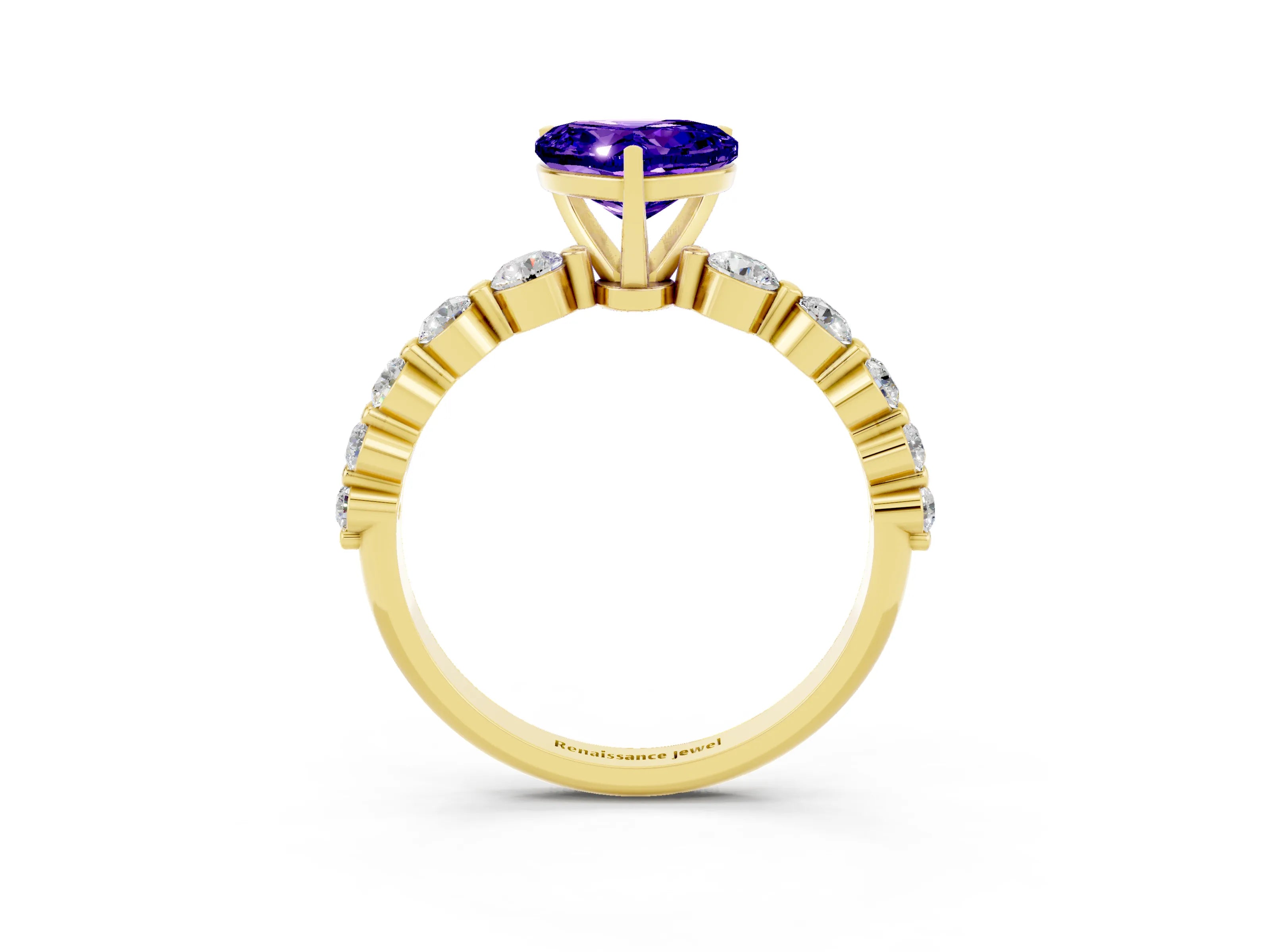 Yellow gold Heart Cut Solitaire Tanzanite Ring with Pave Band and Four-Prong Setting_3