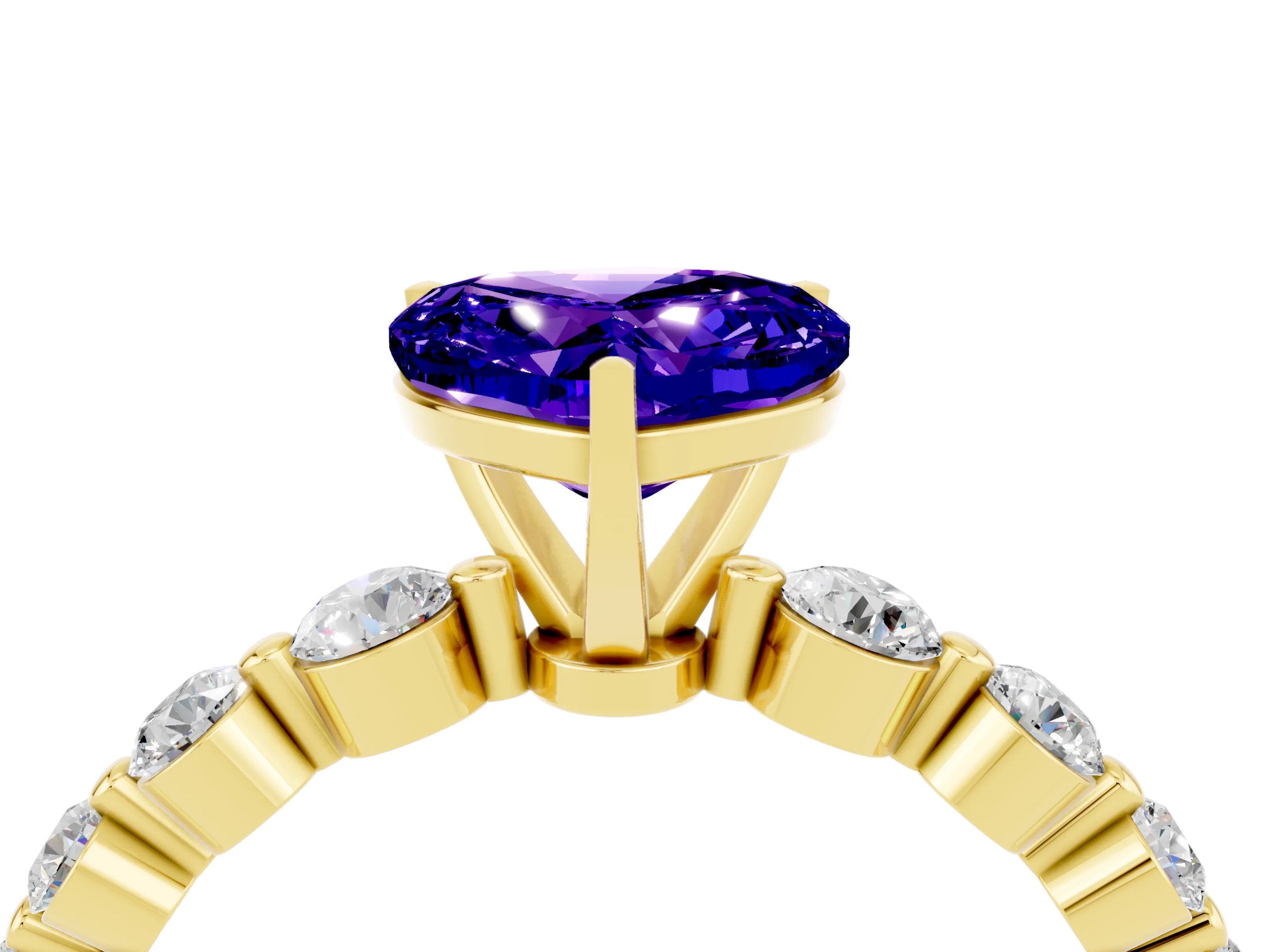 Yellow gold Heart Cut Solitaire Tanzanite Ring with Pave Band and Four-Prong Setting_4