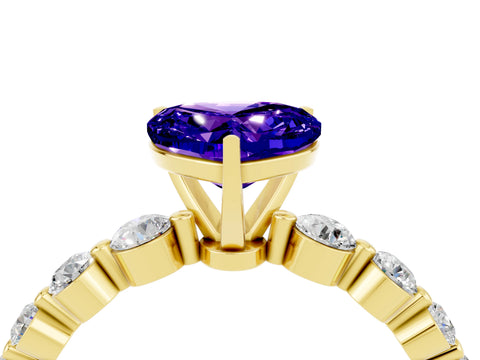 Yellow gold Heart Cut Solitaire Tanzanite Ring with Pave Band and Four-Prong Setting_4