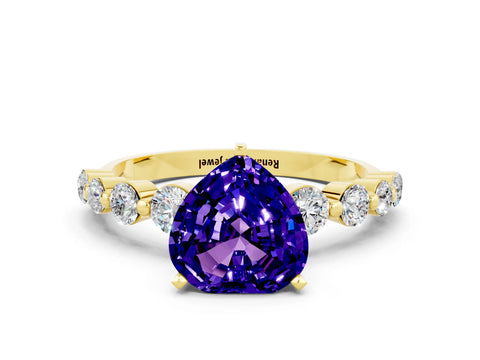 Yellow gold Heart Cut Solitaire Tanzanite Ring with Pave Band and Four-Prong Setting