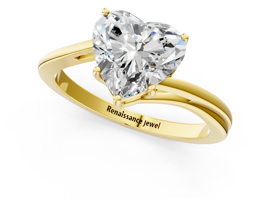 Yellow gold Heart Cut Solitaire Twist Band Ring with Four-Prong Setting