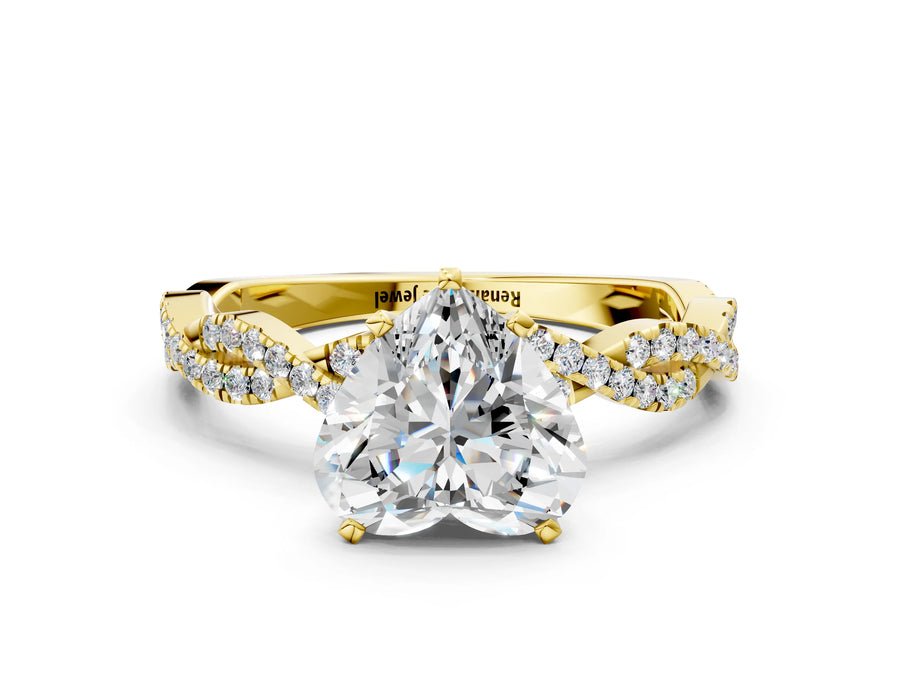 Yellow gold Heart Cut Solitaire Twisted Pave Band with Four-Prong Setting
