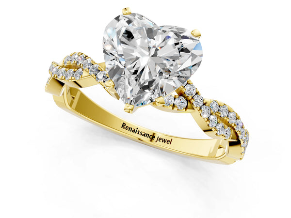 Yellow gold Heart Cut Solitaire Twisted Pave Band with Four-Prong Setting