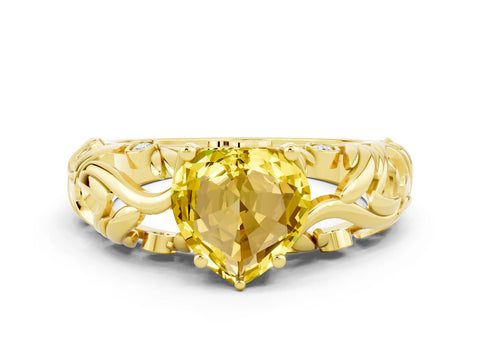 Yellow gold Heart Cut Solitaire Yellow Sapphire Leaf-Inspired Vine Band Ring with Prong Setting_24