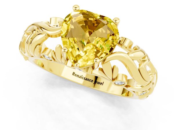 Yellow gold Heart Cut Solitaire Yellow Sapphire Leaf-Inspired Vine Band Ring with Prong Setting