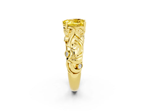 Yellow gold Heart Cut Solitaire Yellow Sapphire Leaf-Inspired Vine Band Ring with Prong Setting_26